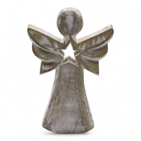 Angel de Madera de Mango - Encalado con Recorte de Estrella - 18cm