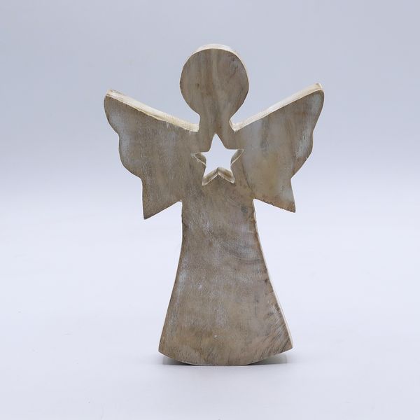 Angel de Madera de Mango - Encalado con Recorte de Estrella - 18cm