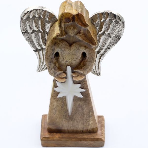 Angel Grande de Madera de Mango de la Paz Alas de Metal y Detalle de Esmalte - 30cm
