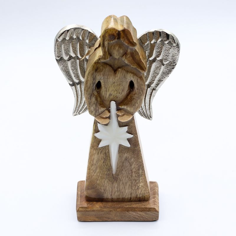 Angel Grande de Madera de Mango de la Paz Alas de Metal y Detalle de Esmalte - 30cm
