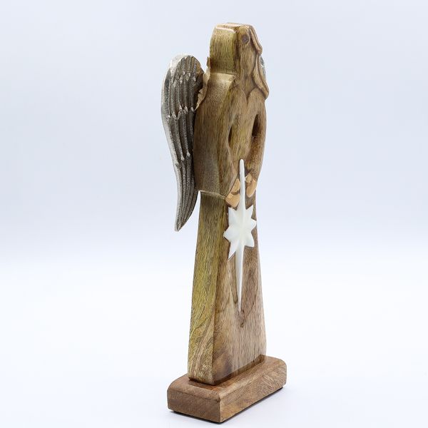 Angel Grande de Madera de Mango de la Paz Alas de Metal y Detalle de Esmalte - 30cm