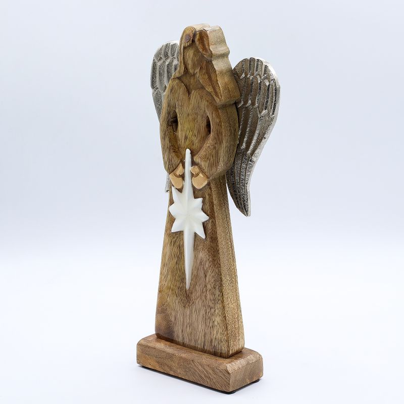 Angel Grande de Madera de Mango de la Paz Alas de Metal y Detalle de Esmalte - 30cm