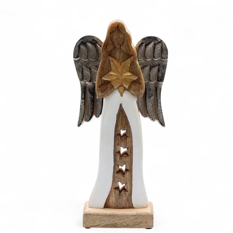 Angel Grande de Madera de Mango de Estrella Alas de Metal y Detalle de Esmalte - 30cm