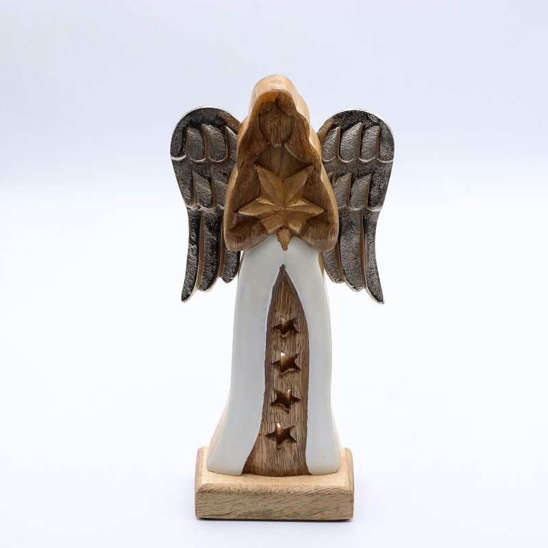 Angel Grande de Madera de Mango de Estrella Alas de Metal y Detalle de Esmalte - 30cm