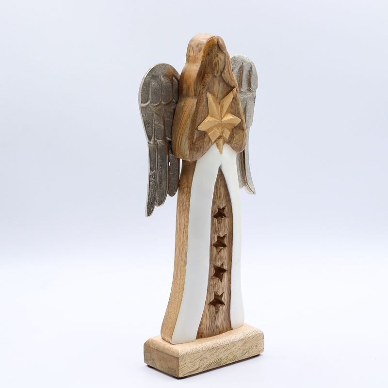 Angel Grande de Madera de Mango de Estrella Alas de Metal y Detalle de Esmalte - 30cm
