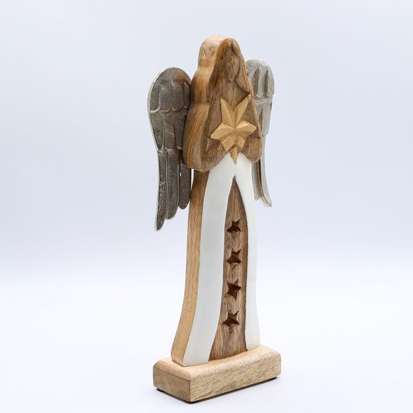 Angel Grande de Madera de Mango de Estrella Alas de Metal y Detalle de Esmalte - 30cm