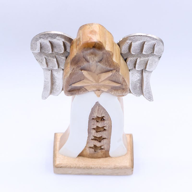 Angel Grande de Madera de Mango de Estrella Alas de Metal y Detalle de Esmalte - 30cm