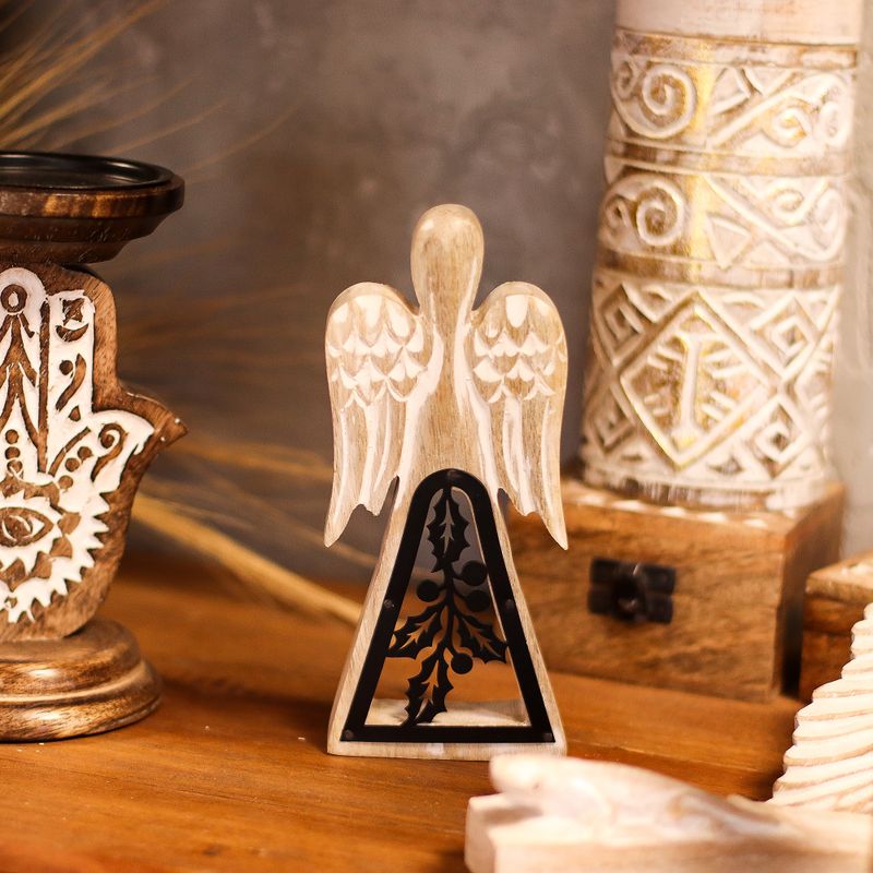 Angel de Madera de Mango - Encalado con Recorte de Hierro - 18cm