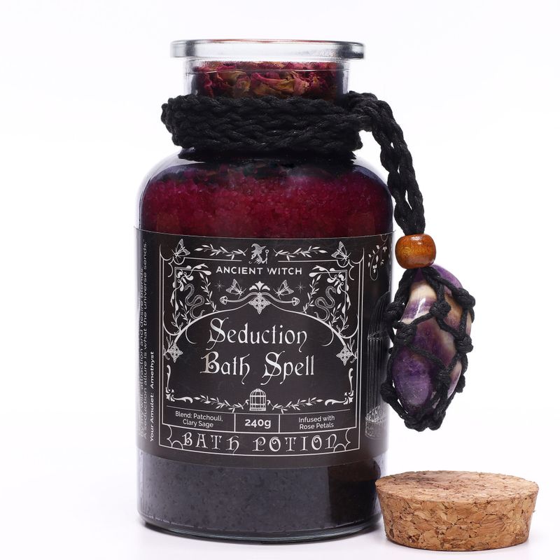 Poción de baño de hechizo de bruja antigua y amuleto de cristal de amatista - Seducción