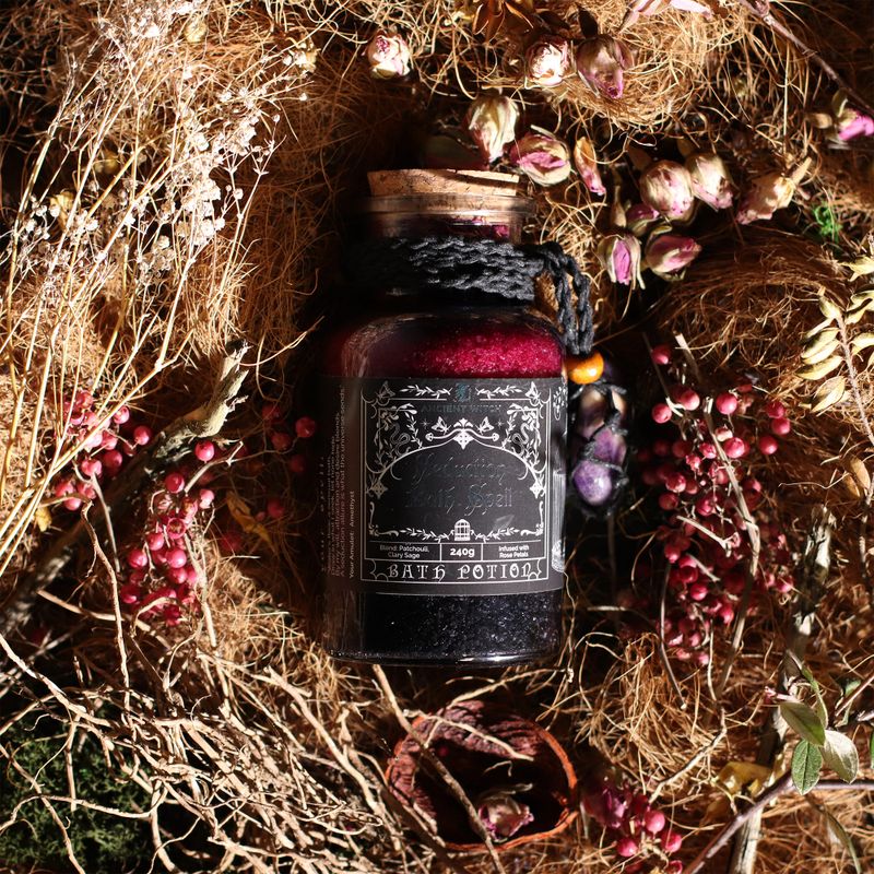 Poción de baño de hechizo de bruja antigua y amuleto de cristal de amatista - Seducción