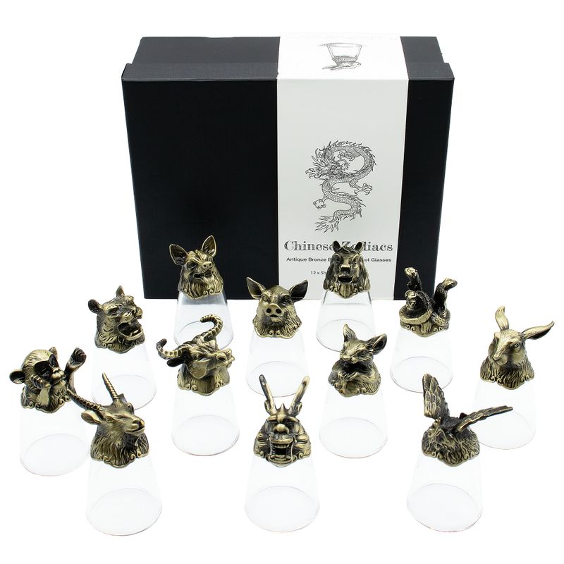 Vasos de chupito (25 ml) - Criaturas del zodiaco chino - Bronce antiguo