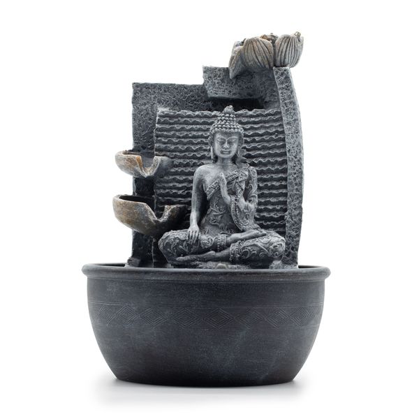Fuente de Agua de Sobremesa – 19x19x28 cm – Buda, Flor de Loto y Vasijas en Cascada