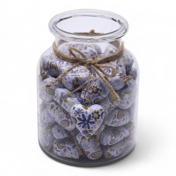 Corazones de Madera Decorativos Grandes - Floral Azul (50) - en Tarro Expositor