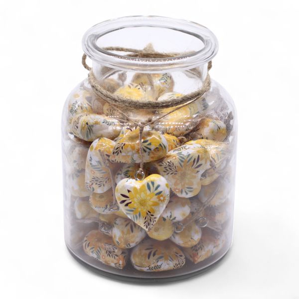 Corazones de Madera Decorativos Grandes - Floral Amarillo (50) - en Tarro Expositor