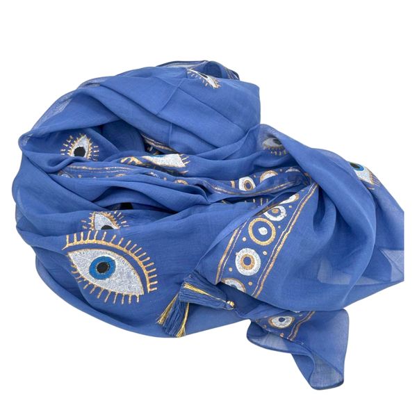 Nomad Sari - Pareo - Azul intenso y diseño pintado a mano de Ojo Turco en dorado