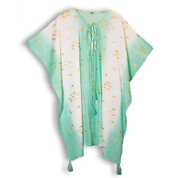 Nomad Sari - Kaftán - Diseño de pez en blanco, turquesa y dorado