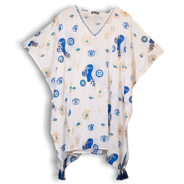 Nomad Sari - Kaftán - Diseño de Ojo Turco en blanco, azul y dorado