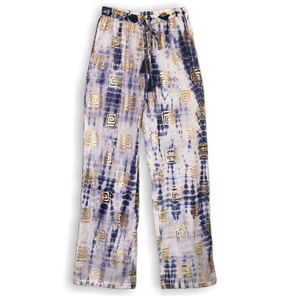 Nomad Sari  (M/L)  - Pantalones de lounge - Motivo griego en dorado y azul - Pintado a mano