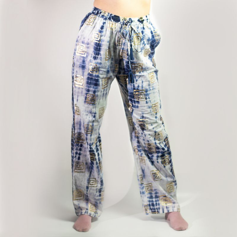 Nomad Sari  (M/L)  - Pantalones de lounge - Motivo griego en dorado y azul - Pintado a mano