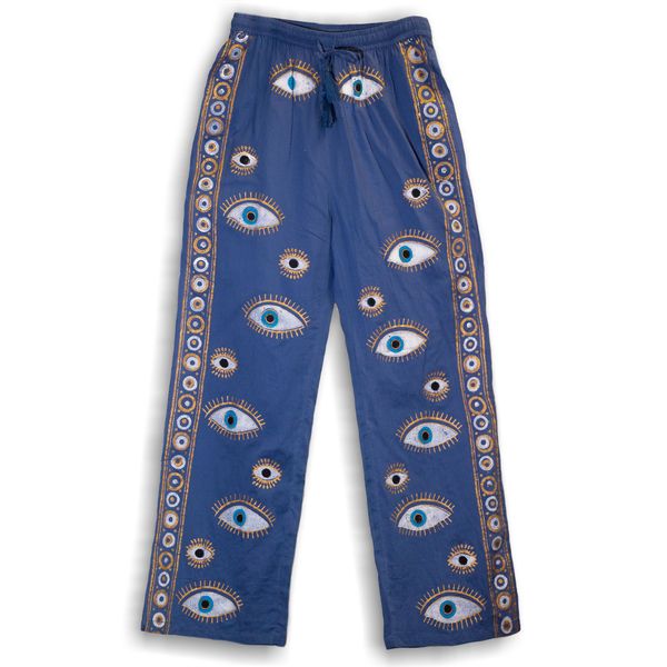 Nomad Sari (M/L)- Pantalones de lounge - Diseño de Ojo Turco en azul intenso y dorado - Pintado a mano