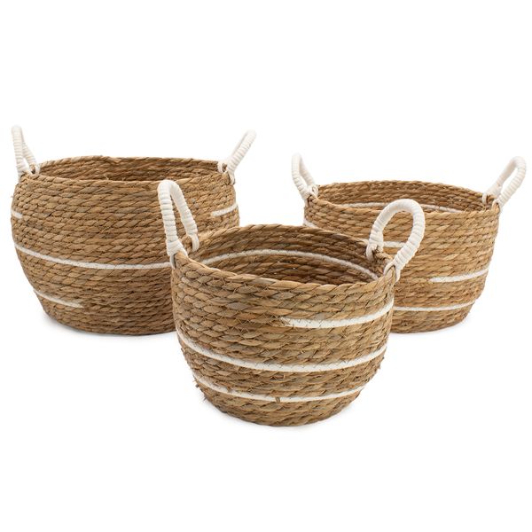 Cestas Grandes de Algodón y Junco Marino - Rayas Naturales - Juego de 3 (32,5 cm, 29,5 cm y 24 cm)