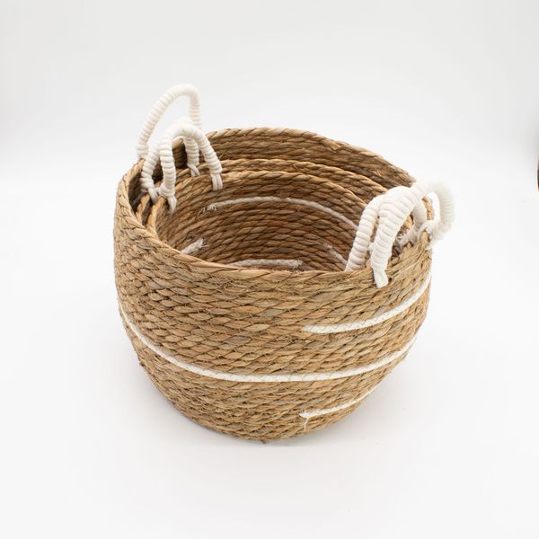 Cestas Grandes de Algodón y Junco Marino - Rayas Naturales - Juego de 3 (32,5 cm, 29,5 cm y 24 cm)