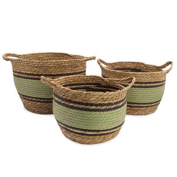 Cestas Grandes de Algodón y Junco Marino - Negro y verde natural - Juego de 3