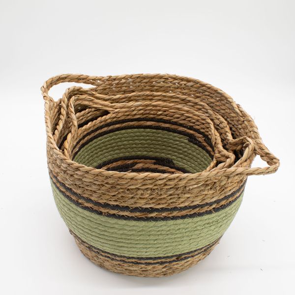 Cestas Grandes de Algodón y Junco Marino - Negro y verde natural - Juego de 3