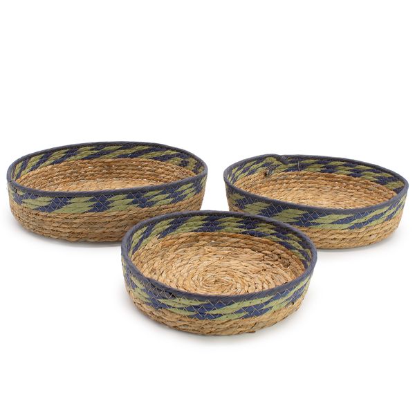 Cestas de Grandes de Paja y Junco Marino - Verde y azul natural - Juego de 3