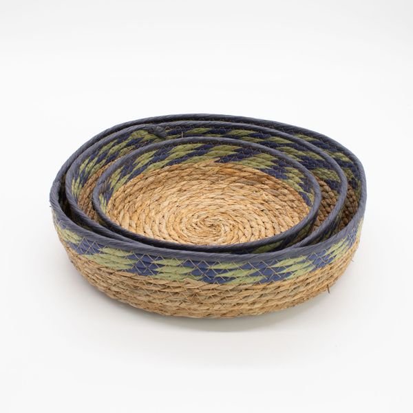 Cestas de Grandes de Paja y Junco Marino - Verde y azul natural - Juego de 3