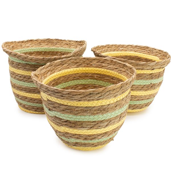 Cestas de Junco Marino y Paja con forma de jarrón - Amarillo y verde natural - Juego de 3