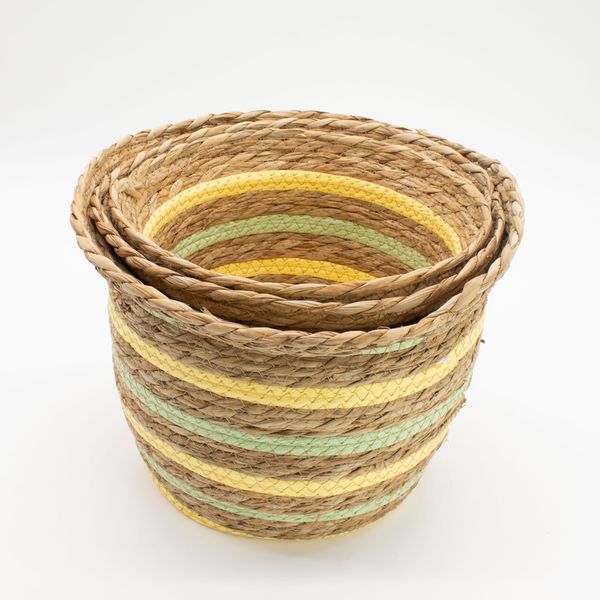 Cestas de Junco Marino y Paja con forma de jarrón - Amarillo y verde natural - Juego de 3