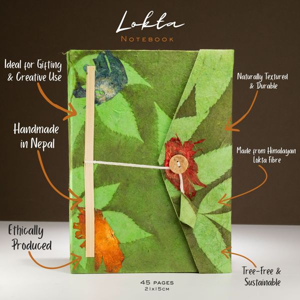 Cuaderno Grande Lokta-  Bold Floral  (21x15cm) - 45 Hojas - Incluye Marcapáginas - Verde Musgo