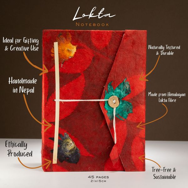 Cuaderno Grande Lokta-  Bold Floral  (21x15cm) - 45 Hojas - Incluye Marcapáginas - Rubí