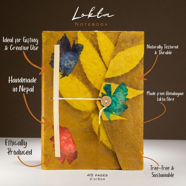 Cuaderno Grande Lokta - Bold Floral  (21x15cm) - 45 Hojas - Incluye Marcapáginas - Marrón Mostaza