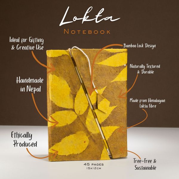 Cuaderno Mediano Lokta Bold Floral - Con Cierre De Bambú (15x12cm) - 45 Hojas - Marrón Mostaza