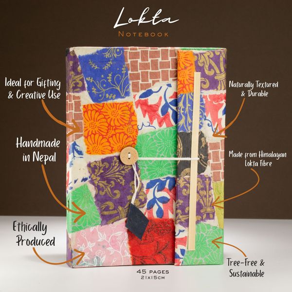Cuaderno Grande Lokta - Patchwork  (21x15cm) - 45 Hojas - Incluye Marcapáginas - Multicolor