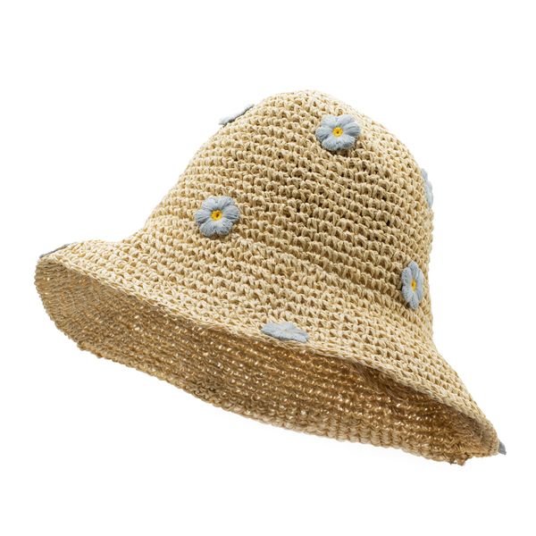 Nomad Sari Sombrero de Paja de Ala Ancha - Flores Beige y Azules