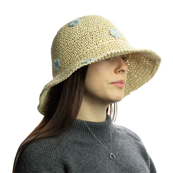 Nomad Sari Sombrero de Paja de Ala Ancha - Flores Beige y Azules