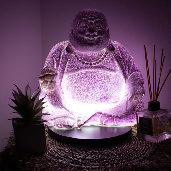 Lámpara del Buda risueño - Craquelado lavanda - Base redonda