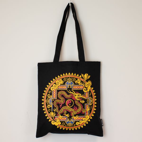 Bolso Tote Clásico Icónico - Dragón Yin y Yang - Negro 6 oz (40x36 cm)