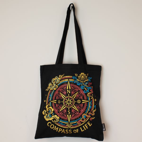 Bolso tote icónico y clásico - Brújula de la vida - Negro 6 oz (40x36 cm)