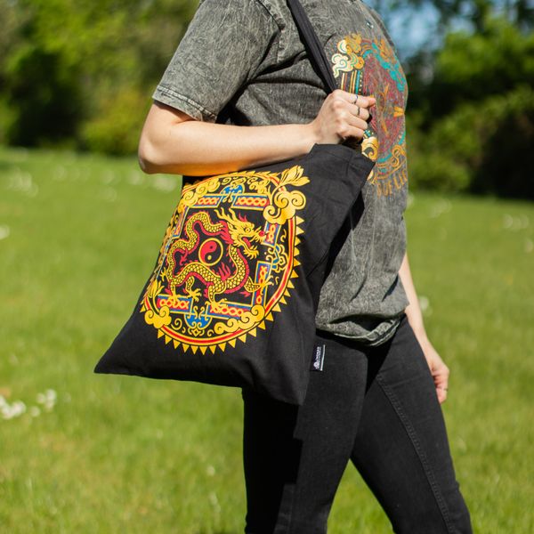 Bolso Tote Clásico Icónico - Dragón Yin y Yang - Negro 6 oz (40x36 cm)