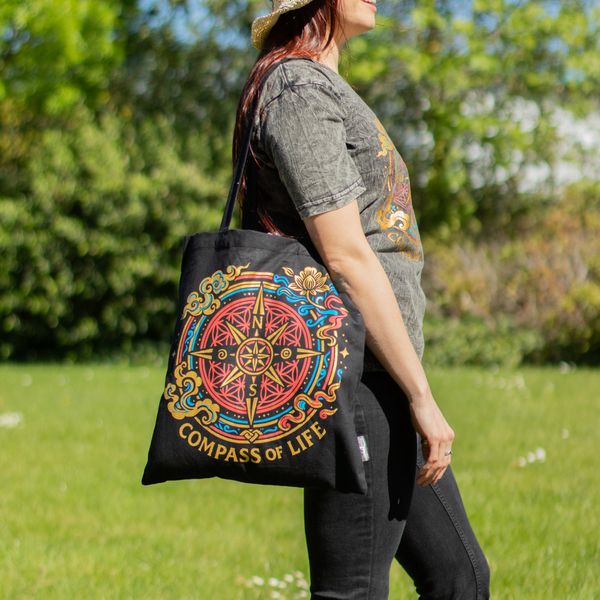 Bolso tote icónico y clásico - Brújula de la vida - Negro 6 oz (40x36 cm)