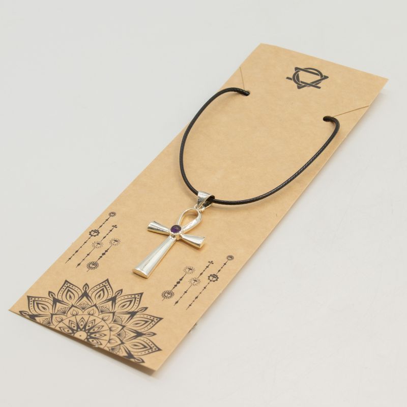 Colgante esotérico de la India - Plateados (cordón de 45 cm) - Símbolo Ankh de la vida eterna