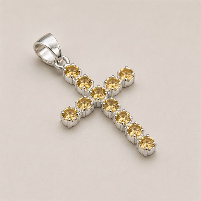 Colgante esotérico de la India - Plateado con cadena de 45 cm - Crucifijo de citrino