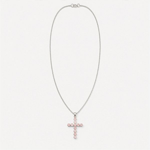 Colgante esotérico de la India - Baño de plata (cadena de 45 cm) - Crucifijo de cuarzo rosa