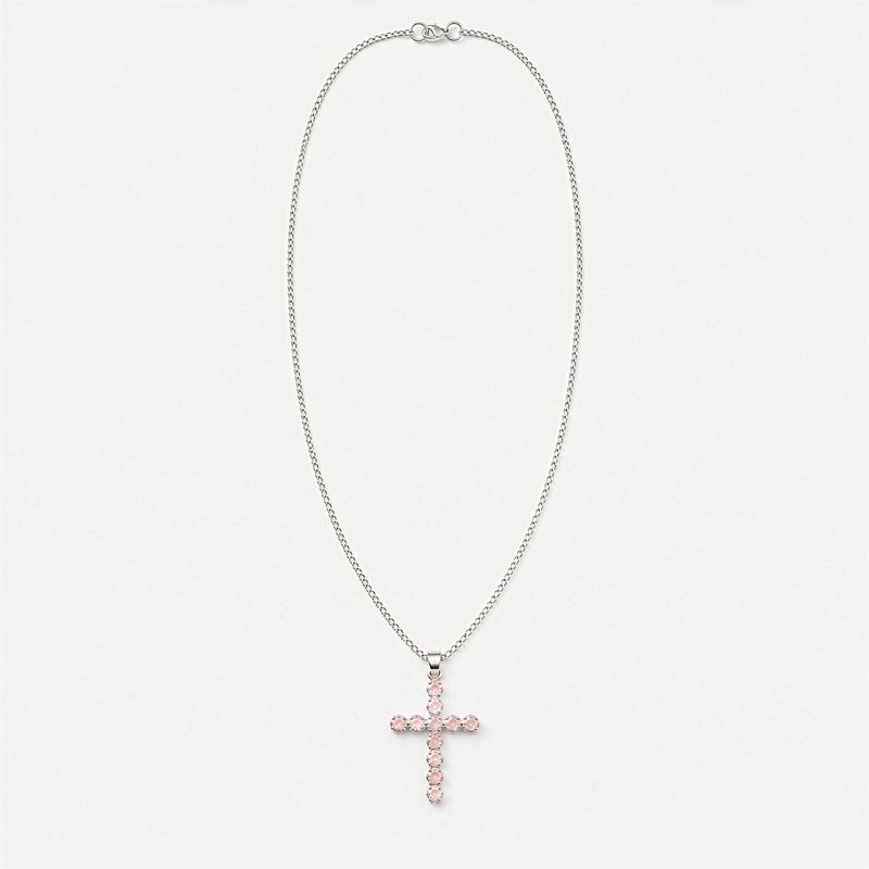 Colgante esotérico de la India - Baño de plata (cadena de 45 cm) - Crucifijo de cuarzo rosa