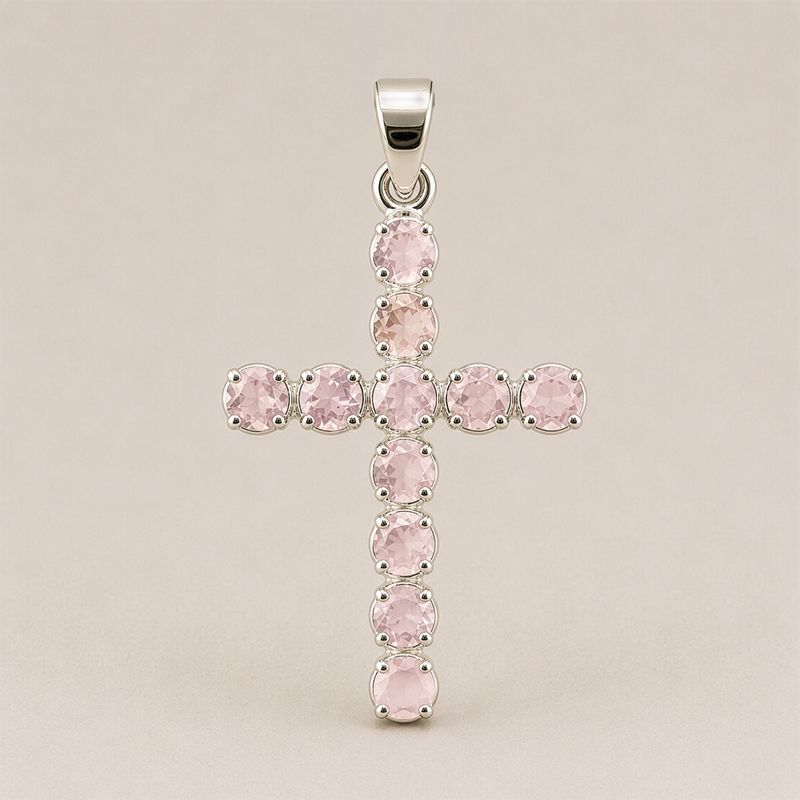 Colgante esotérico de la India - Baño de plata (cadena de 45 cm) - Crucifijo de cuarzo rosa