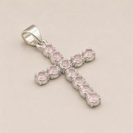 Colgante esotérico de la India - Baño de plata (cadena de 45 cm) - Crucifijo de cuarzo rosa